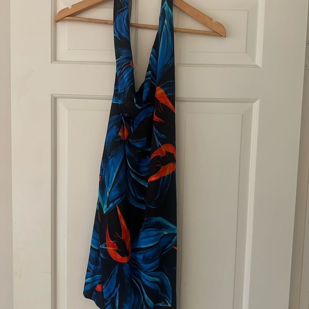 Louisa Ballou Floral One Shoulder Dress with Blue and Red Accents